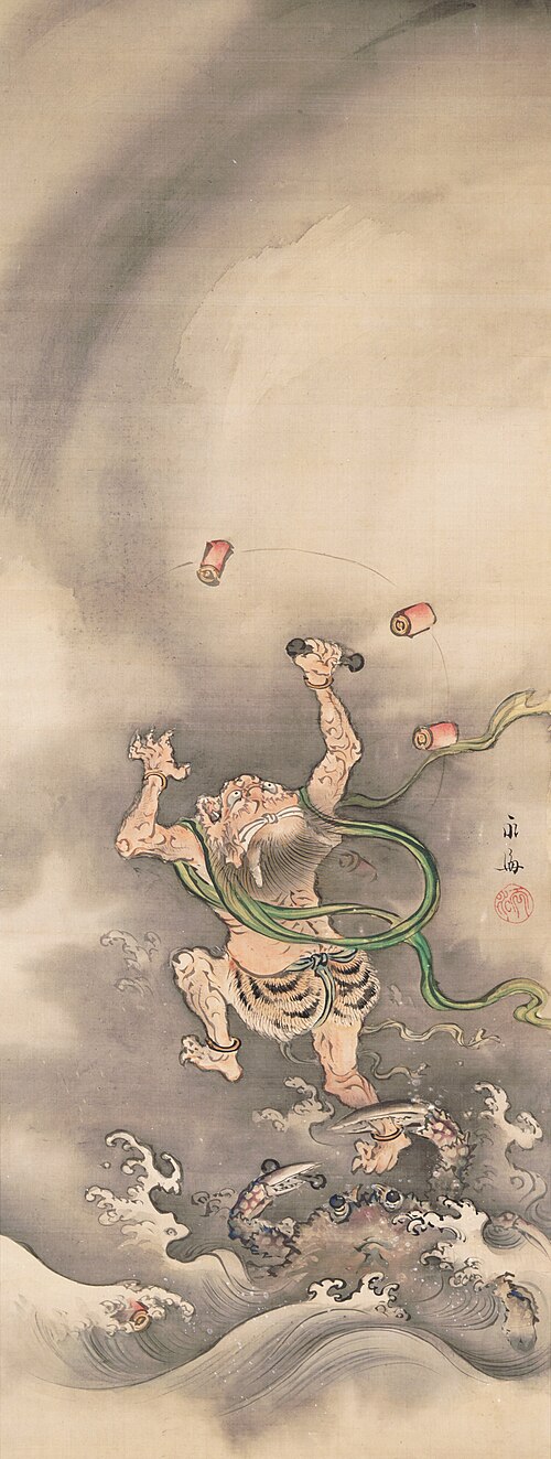 God of Thunder captured by a crab [right of the pair Gods of Wind and Thunder], , Satake Eikai