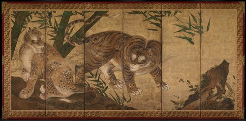 Lions and Tigers in Peony and Bamboo, 1668, Yamaguchi Sekkei