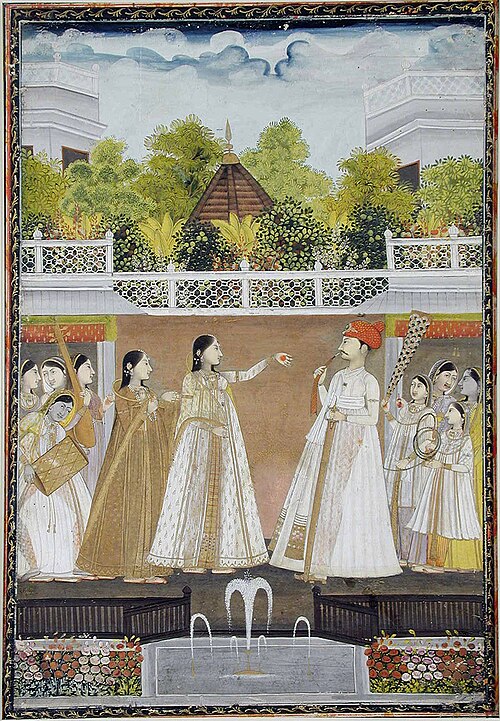 A prince and a princess conversing in the royal gardens, 1770, Muhammad Faqirullah Khan