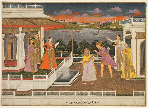 A blindfolded suitor is brought before a princess (recto), 1755, Faizullah