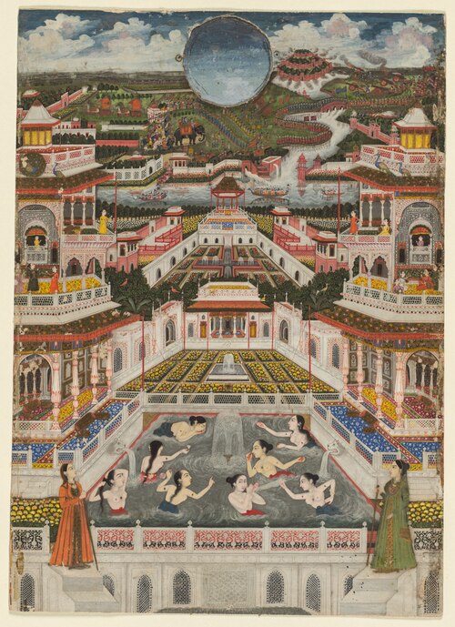 Women bathing before an architectural panorama, 1765, Faizullah