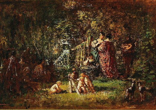 Dance of love in a park landscape, 1886, Adolphe Joseph Thomas Monticel