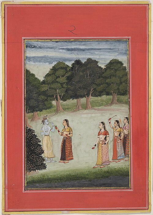 Krishna and the Gopis, folio from a dispersed manuscript of the Rasikapriya of Keshavadas, 1690, Ruknuddin