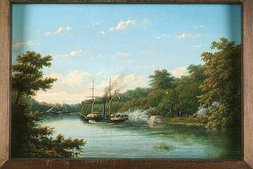Het raderstoomschip Zr.Ms. Celebes in gevecht bij Poeloe Kanamit, 1860, W. Steffens