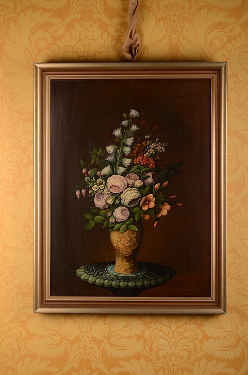 Stilleven: bloemen in een vaas met decor van vogels, 1885, Dirk Weeshoff