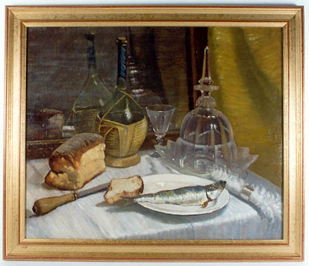 Stilleven met Chiantifles, brood, bord met haring, glas en glazen serveerstolp,dit alles voor spiege, 1895, C. de Lange