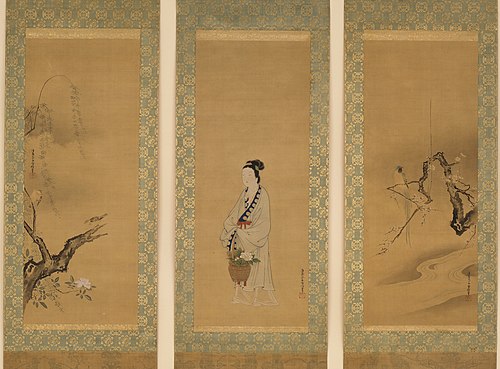 Reishō: Paragon of Filiel Piety; Chinese Blue Magpie with Flowering Plum; Sparrows, Willow, and Rose, 1650, Kiyohara Yukinobu