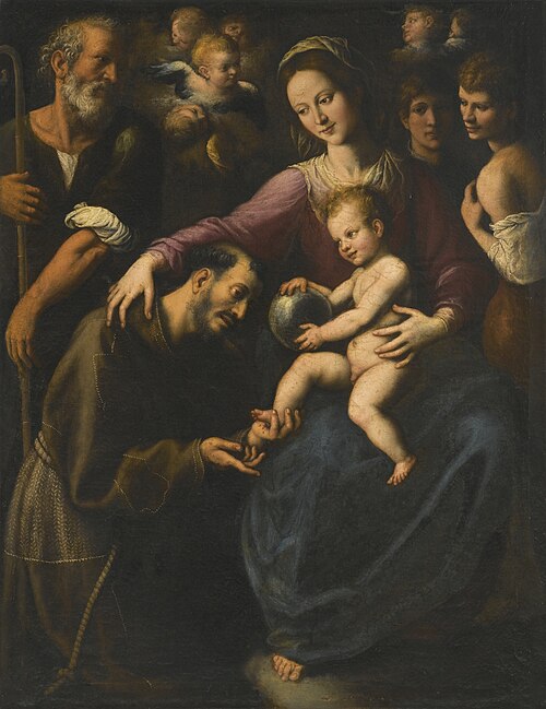 The Holy Family with Saint Francis of Assisi adoring the Christ Child, 1604, Fabrizio Santafede