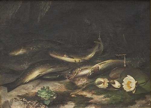Ørret og vannliljer, 1888, Andreas Vogelsang Dircks