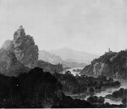 Bergige Flusslandschaft, rechts eine Burg, 1670, Jan Griffier