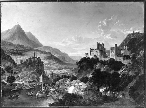 Mountainous river valley with a fair, 1681, Jan Griffier