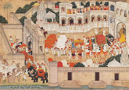 Bharata returning to Ayodhya with Rama's padukas - sandals, 1750, Guman