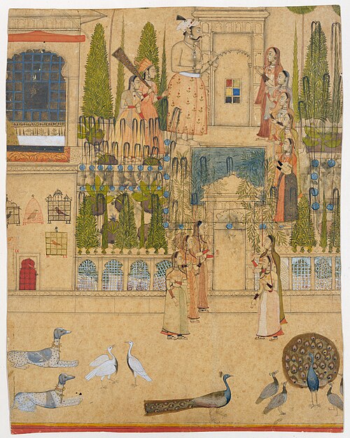 Maharana Amar Singh II with Ladies of the Zenana outside the Picture Hall at Rajnagar, 1707, Stipple Master