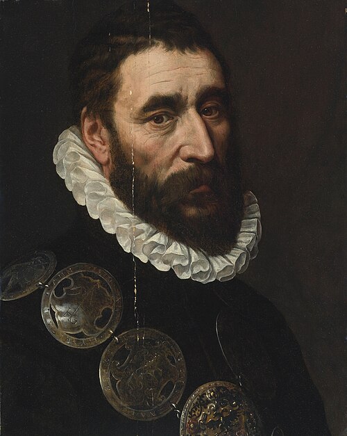 Portrait of a bearded man, bust length, wearing a chain of guild buckles, 1574, Adriaen Thomasz. Key