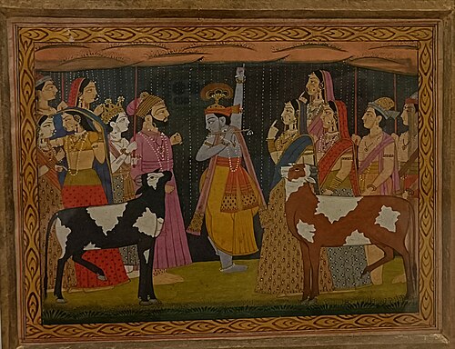 Krishna lifting Mount Govardhana, 1794, Bhagvan