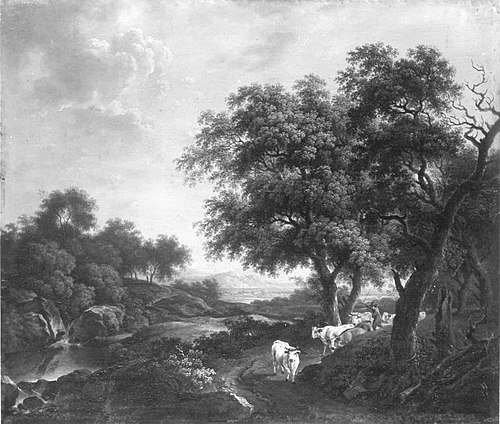 Landschaft mit Hirt und Rindern auf einem Weg unter Bäumen, 1785, Ferdinand Kobell