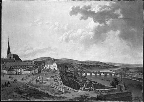 Blick vom Aschaffenburger Schloss auf Marstall und Mainbrücke (Aschaffenburger Zyklus), 1786, Ferdinand Kobell
