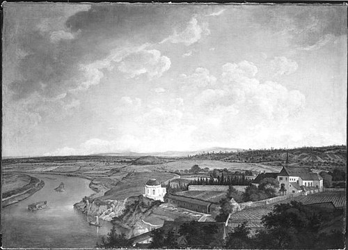 Blick von Schloss Aschaffenburg mainabwärts auf das Kapuzinerkloster (Aschaffenburger Zyklus), 1786, Ferdinand Kobell