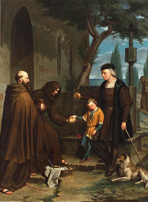 Colón en las puertas del convento de Santa María de la Rábida pidiendo pan y agua para su hijo, 1858, Benet Mercadé