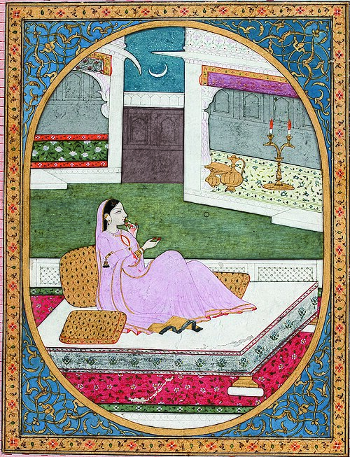 A nayika watches the moonrise and waits for her lover, 1820, Sajnu of Mandi