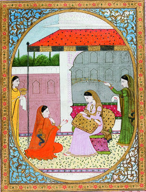 A pensive nayika with her sakhi, 1820, Sajnu of Mandi