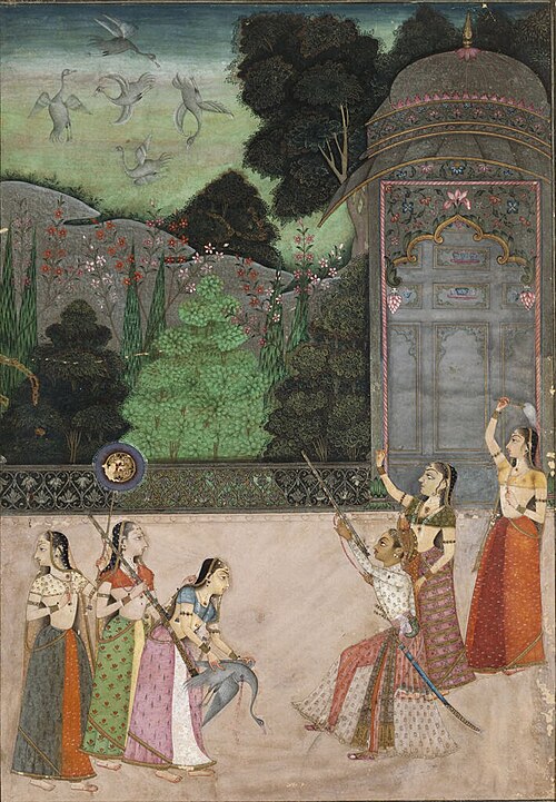 Sujan Singh of Bikaner and Ladies Shooting Heron from a Terrace, 1701, Ustad Murad