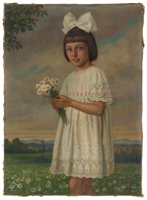 Girl with Bouquet of Daisies set against a Landscape, 1920, Emil Engert