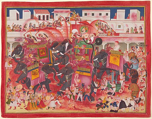 Maharao Ram Singh II of Kotah and companions playing Holi on elephants in a street, 1844, Kisan Das