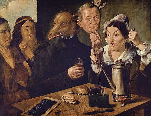 Satire on drunkenness – allegorical scene, 1850, Feliks Pęczarski