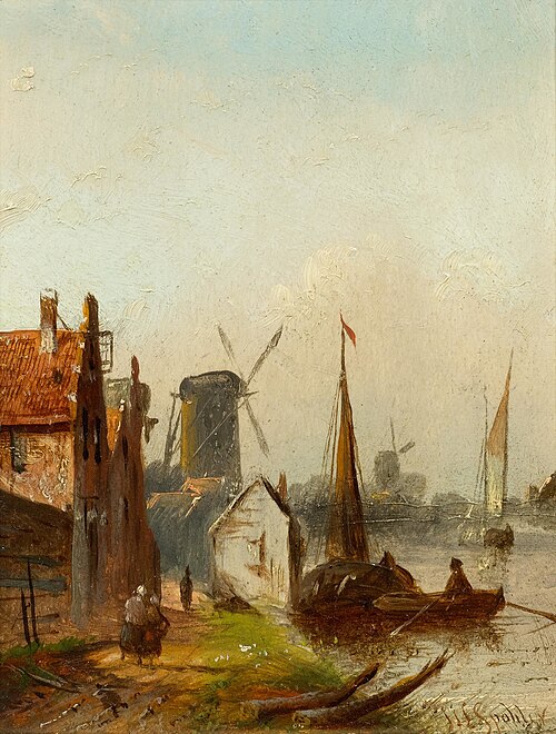Häuser und Mühle an einem Fluss mit Booten, 1894, Jan Jacob Coenraad Spohler