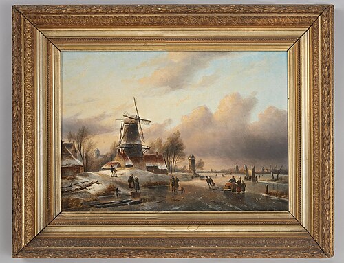 Winterlandschap met molens, schaatsers en een koek-en-zopie, 1852–1894, 1873, Jan Jacob Coenraad Spohler