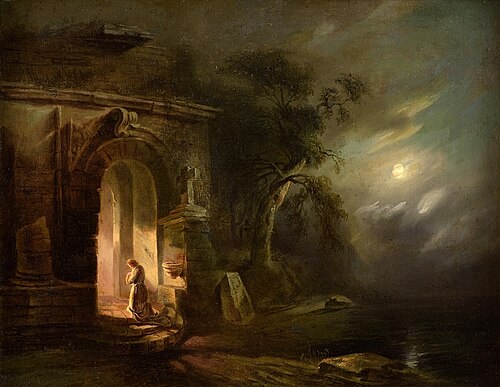 Mondscheinlandschaft mit Kapelle., 1847, Jan Piotr Łuczyński