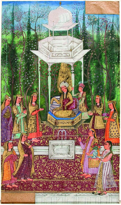 Yusuf and Zulaikha meet in a garden, 1636, Muhammad Nadir Samarqandi