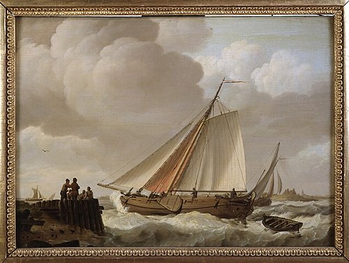 Een hektjalk onder zeil op een binnenwater, 1820, Johannes Hermanus Koekkoek