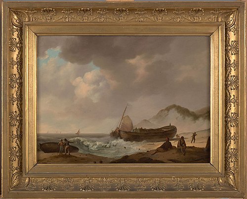 Gestrande en afgetuigde romp van een kofschip, 1820, Johannes Hermanus Koekkoek