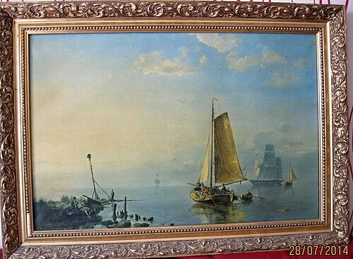 Fischerboote und großes Segelboot bei abendlicher Ebbe, , Johannes Hermanus Koekkoek