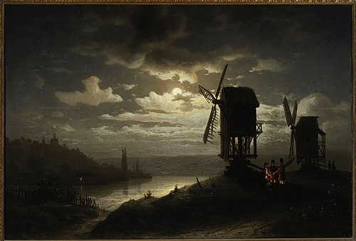 Paysage nocturne avec moulins à vent., 1864, Józef Marszewski
