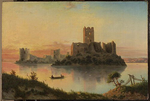 The ruins of the Trakai Castle at sunset., 1866, Józef Marszewski
