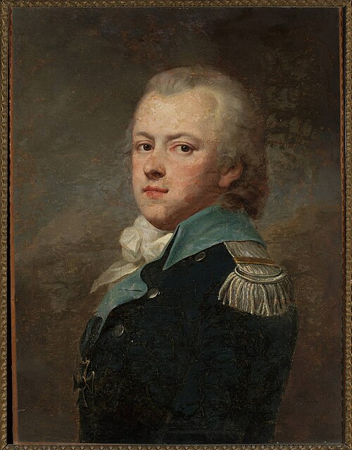 Portrait of Jan Krasicki, Rogala coat of arms (ca. 1764–1831) in a dark blue uniform jacket of the 1, 1792, Józef Pitschmann