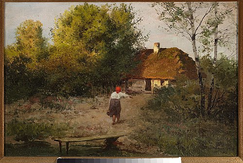 Peasant woman in front of a cottage, 1920, Józef Rapacki