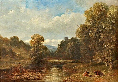 A Wooded River Scene with a Fisherman, and Two Cows Reposing, , David Cox