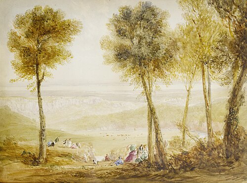 An extensive view of the Severn Valley with figures picknicking on the Wyndcliffe, , David Cox