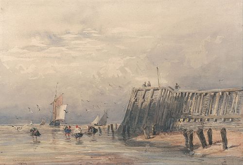 Sailing Barges and Shrimpers off a Pier, 1832, David Cox