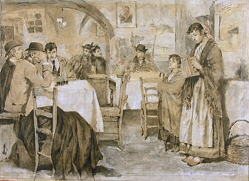 Nasi artyści słuchający śpiewu niewidomej Włoszki (Cyganeria), 1890, Konstanty Mańkowski