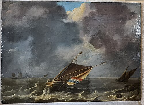 Zeestuk met op de voorgrond een schip met Nederlandse vlag tijdens een opkomende storm, , Ludolf, II Backhuysen