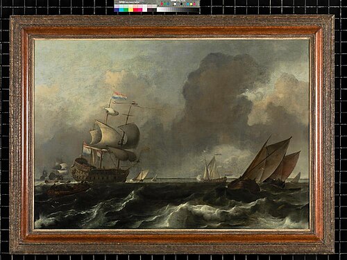 Een oorlogsschip en andere schepen op een woelig water, 1685, Ludolf, II Backhuysen
