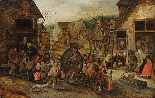 Village street with blind hurdy-gurdy player, 1633, David Vinckboons
