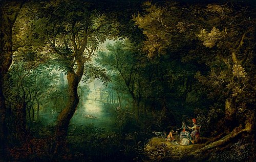 Paysage avec les compagnons revenant de la chasse (détail)., 1610, David Vinckboons