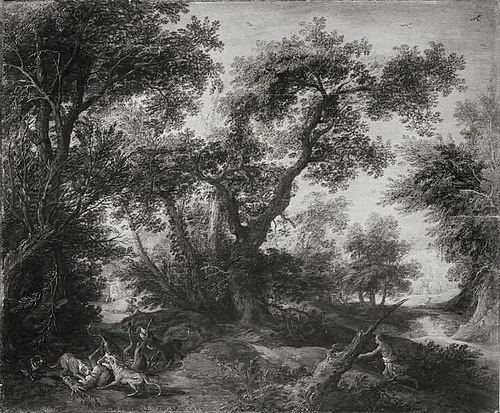 Wooded landscape with a deerhunt, 1624, David Vinckboons