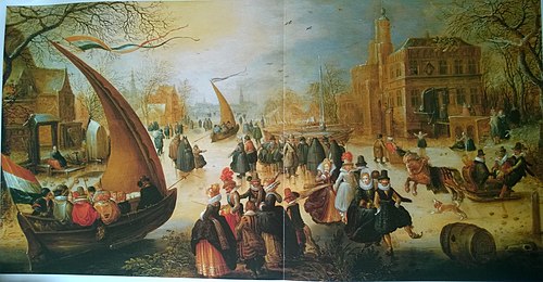 Winter Landscape with Ice-sailors and Ice skating, 1615, David Vinckboons